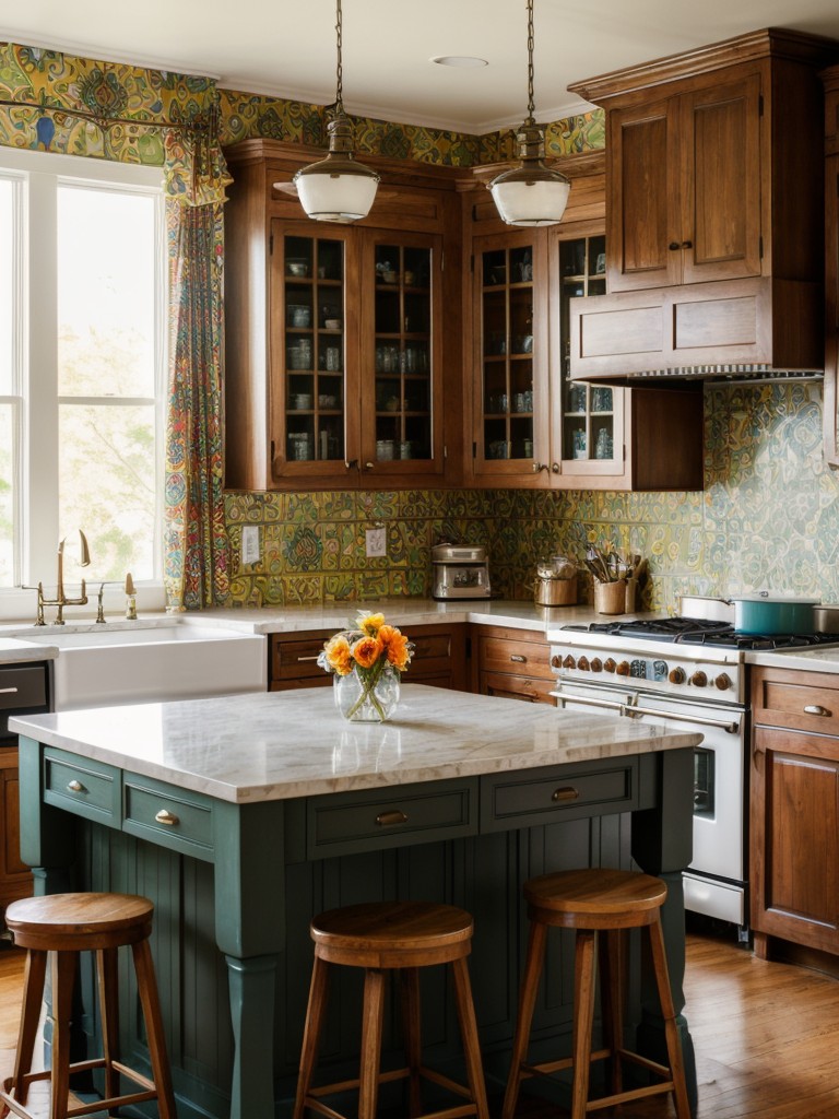 eclectic-kitchen-ideas-mixing-various-design-styles-incorporating-bold-patterns-colors-adding-unexpected-elements-like-vintage-chandelier-quirky-artwo