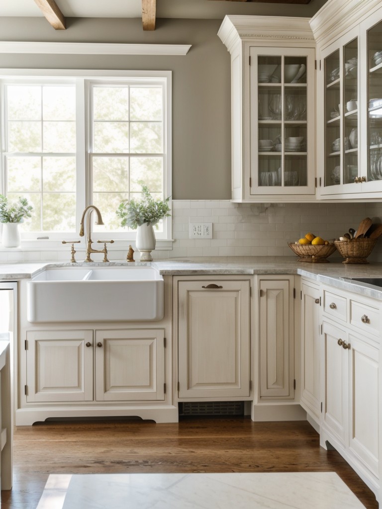 traditional-kitchen-ideas-classic-elements-like-ornate-cabinetry-farmhouse-table-timeless-color-palette-whites-creams