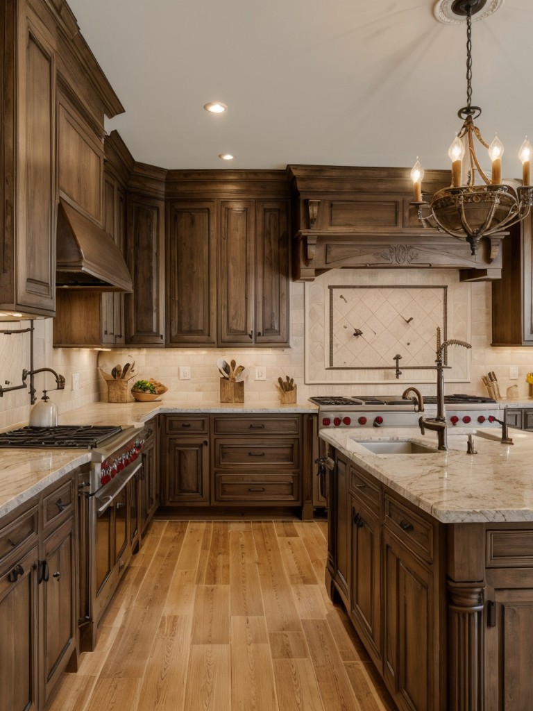 french-country-kitchen-ideas-inspired-rustic-charm-provincial-france-colorful-cabinetry-decorative-moldings-ornate-chandeliers