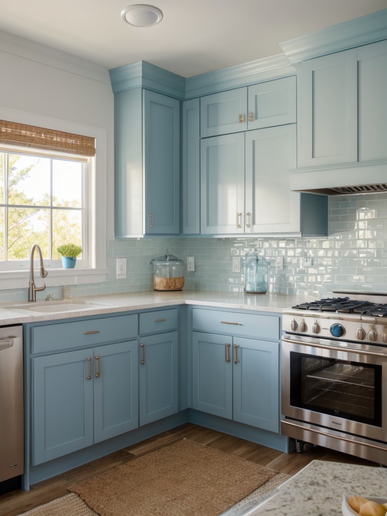 coastal-kitchen-design-light-blue-cabinets-beach-themed-decor-natural-materials-like-seashell-backsplash