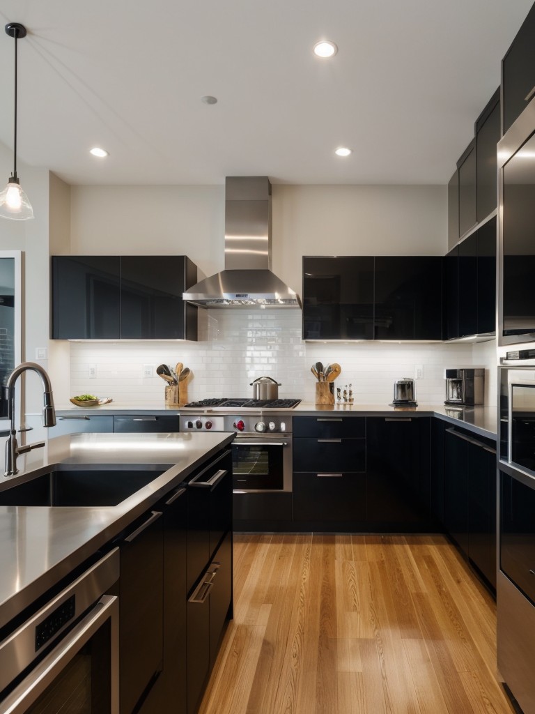 contemporary-kitchen-design-sleek-black-cabinets-stainless-steel-appliances-pops-bold-colors