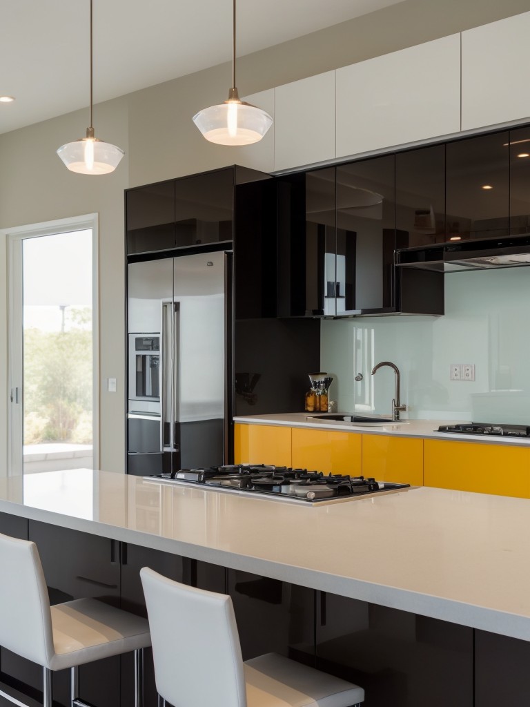 contemporary-kitchen-ideas-sleek-finishes-bold-pops-color-modern-appliances-utilizing-high-gloss-cabinets-waterfall-countertop