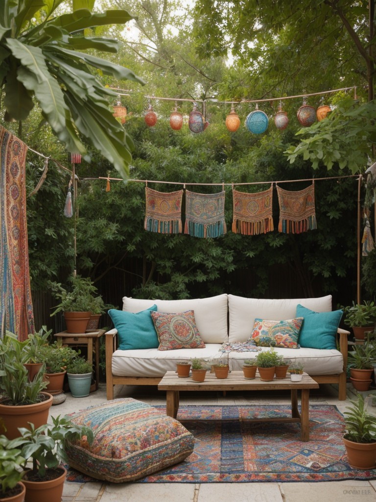 bohemian-backyard-ideas-colorful-tapestries-cozy-seating-areas-variety-vibrant-potted-plants
