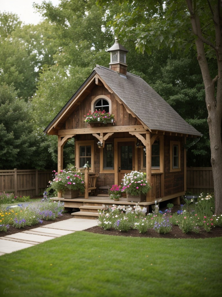 cottage-style-backyard-ideas-quaint-flower-garden-whimsical-birdhouse-collection-rustic-wooden-swing