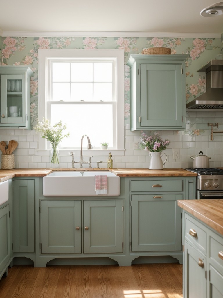 cottage-style-kitchen-ideas-pastel-colors-beadboard-cabinets-floral-wallpaper