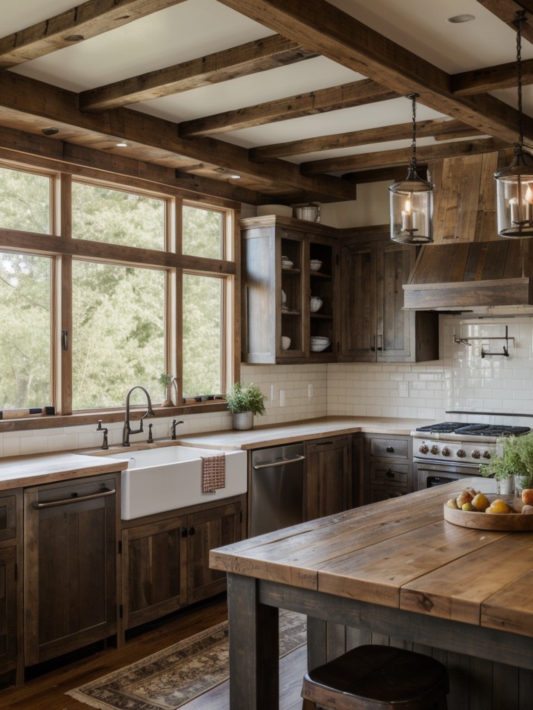 rustic-kitchen-design-exposed-wooden-beams-farmhouse-sink-vintage-inspired-accessories