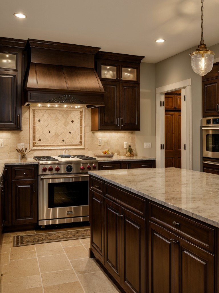 traditional-kitchen-design-featuring-ornate-cabinetry-decorative-backsplash-elegant-pendant-lighting