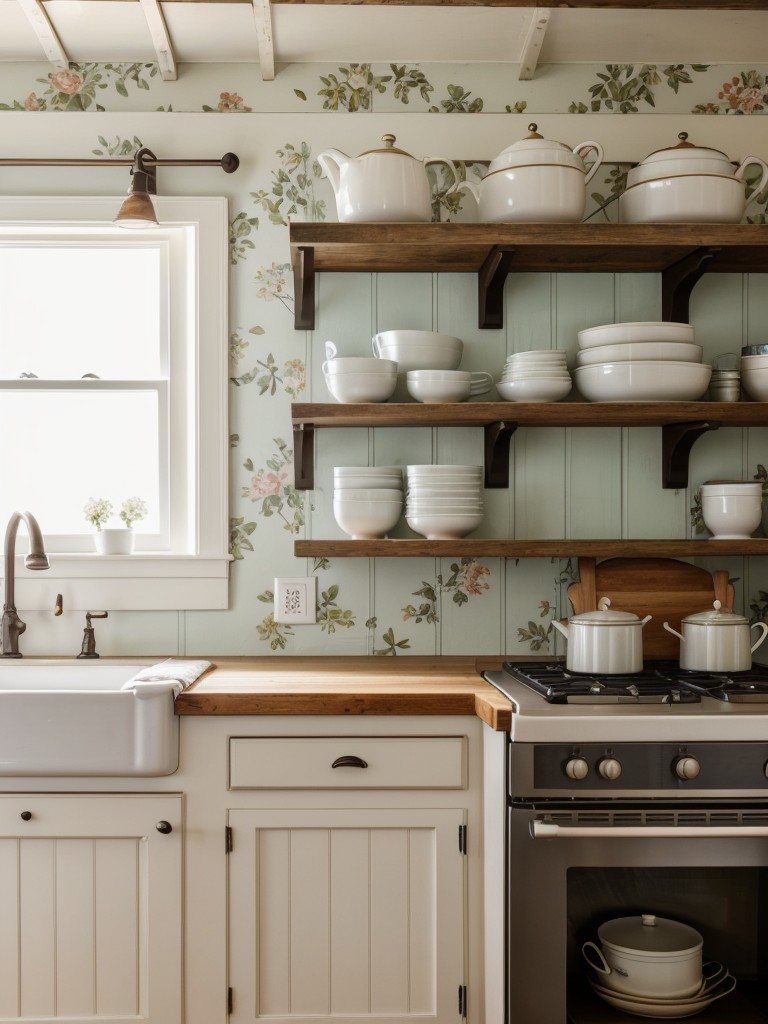 cottage-style-kitchen-beadboard-paneling-floral-wallpaper-open-shelves-displaying-vintage-china