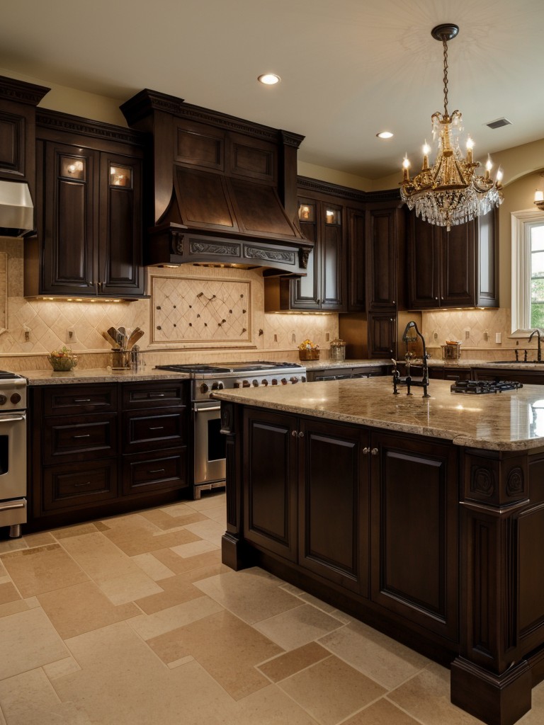 traditional-kitchen-dark-wood-cabinets-ornate-details-classic-chandelier-timeless-look