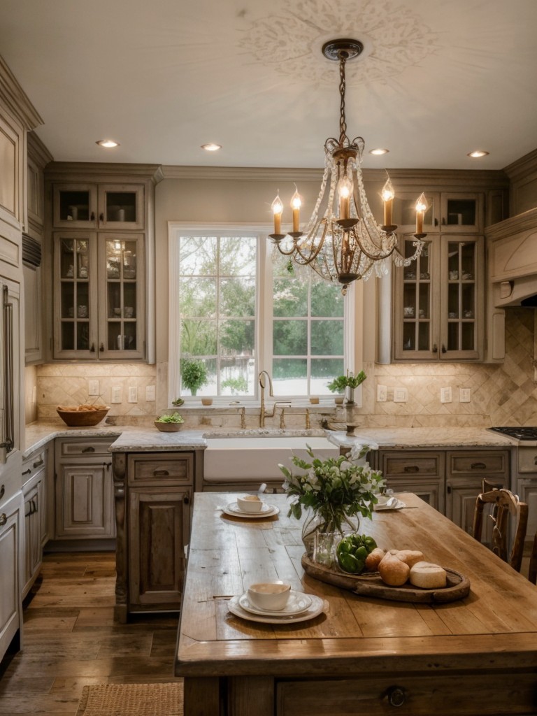 french-country-kitchen-ideas-romantic-elegant-aesthetic-incorporating-soft-colors-ornate-details-rustic-elements-like-vintage-inspired-chandelier