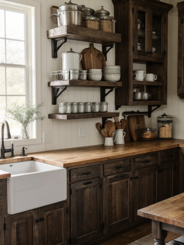 farmhouse-kitchen-ideas-rustic-country-inspired-aesthetic-including-vintage-details-farmhouse-sinks-open-shelves-displaying-heirloom-dishes-cookware