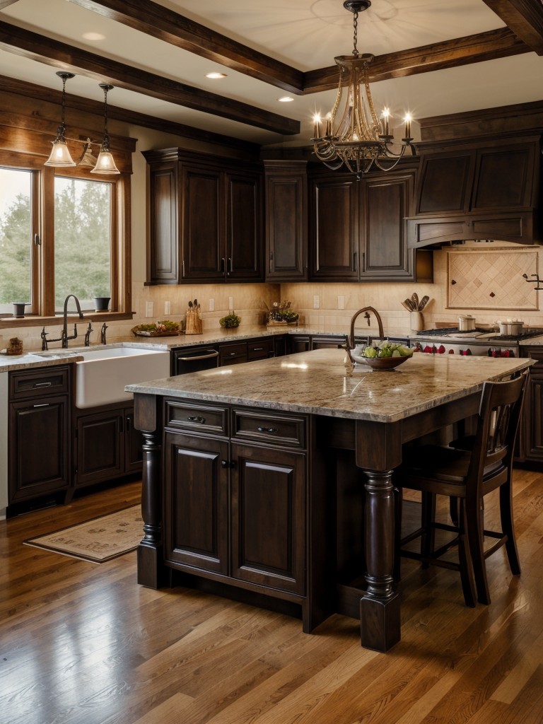 traditional-kitchen-ideas-rich-dark-wood-cabinetry-ornate-detailing-formal-dining-area-complete-large-farmhouse-table-elegant-lighting-fixtures