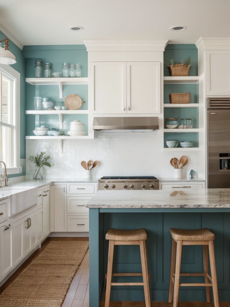coastal-kitchen-design-ideas-beachy-color-palette-nautical-accents-open-shelving-to-display-seashell-collections