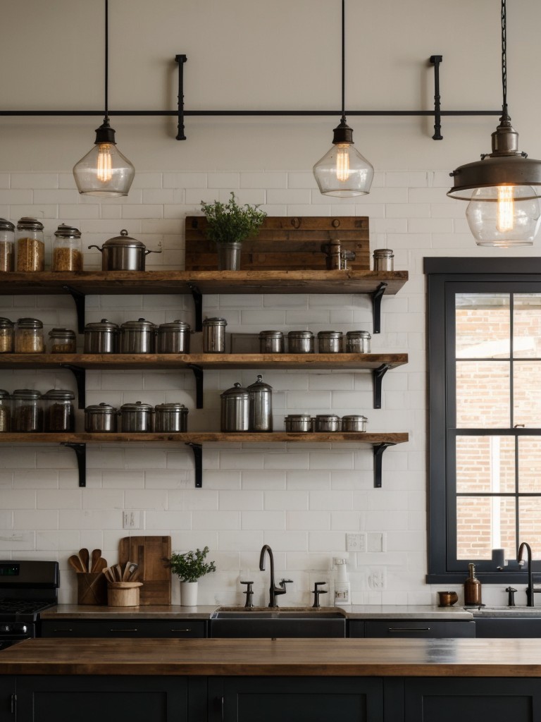 industrial-kitchen-ideas-exposed-brick-walls-metal-accents-using-open-shelving-antique-light-fixtures