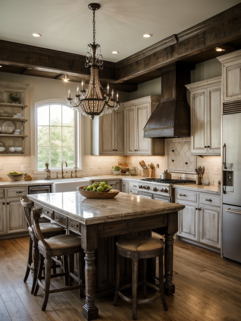french-country-kitchen-design-elegant-chandeliers-distressed-finishes-mix-vintage-antique-pieces