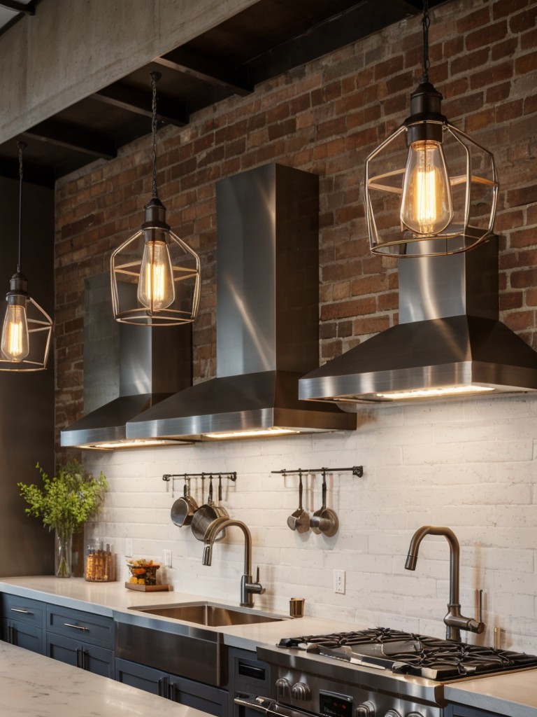 industrial-kitchen-ideas-featuring-exposed-brick-walls-stainless-steel-countertops-pendant-lighting