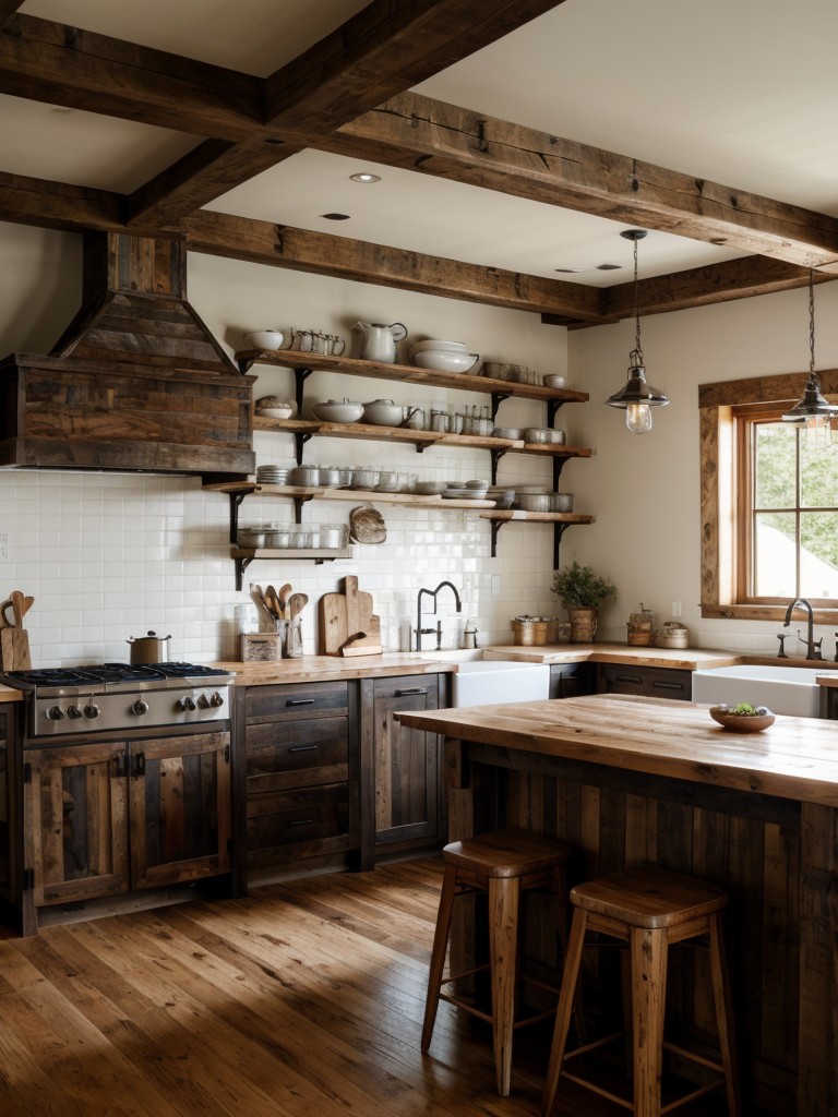 rustic-kitchen-ideas-natural-wood-accents-exposed-beams-cozy-farmhouse-feel-incorporating-open-shelving-vintage-inspired-lighting