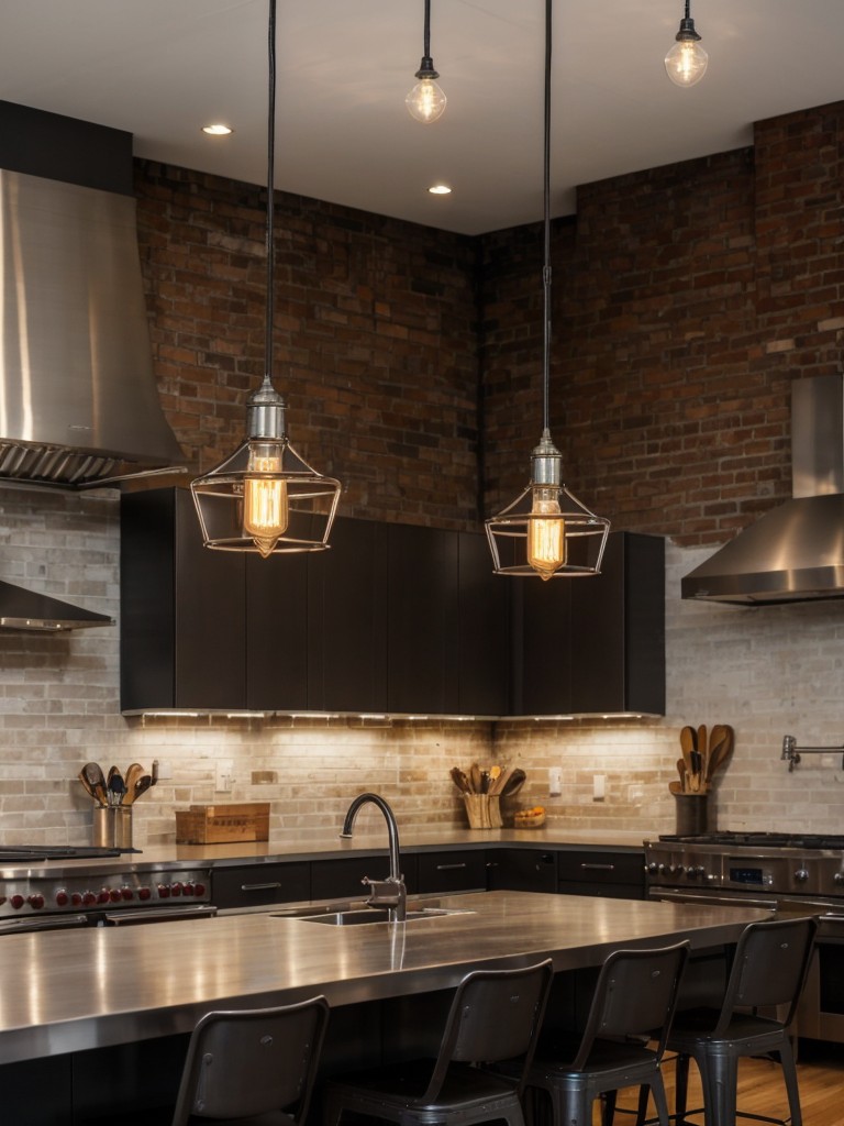 industrial-kitchen-ideas-stainless-steel-finishes-exposed-bricks-edison-bulb-pendant-lights-edgy-urban-feel