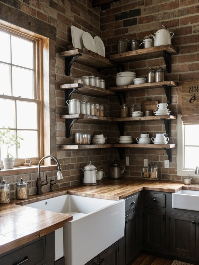 farmhouse-kitchen-ideas-cozy-rustic-feel-incorporating-elements-like-exposed-brick-walls-farmhouse-sinks-open-wooden-shelves-displaying-vintage-dishwa