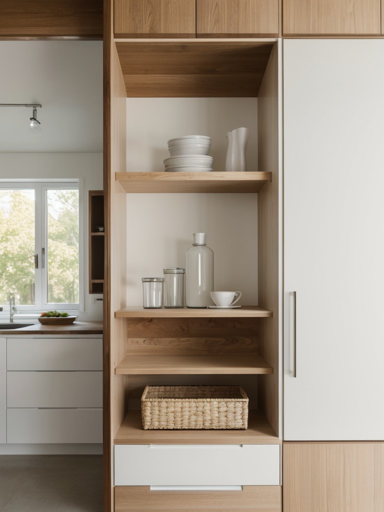 utilizing-light-natural-wood-sleek-white-cabinetry-open-shelving-simple-functional-storage-solutions
