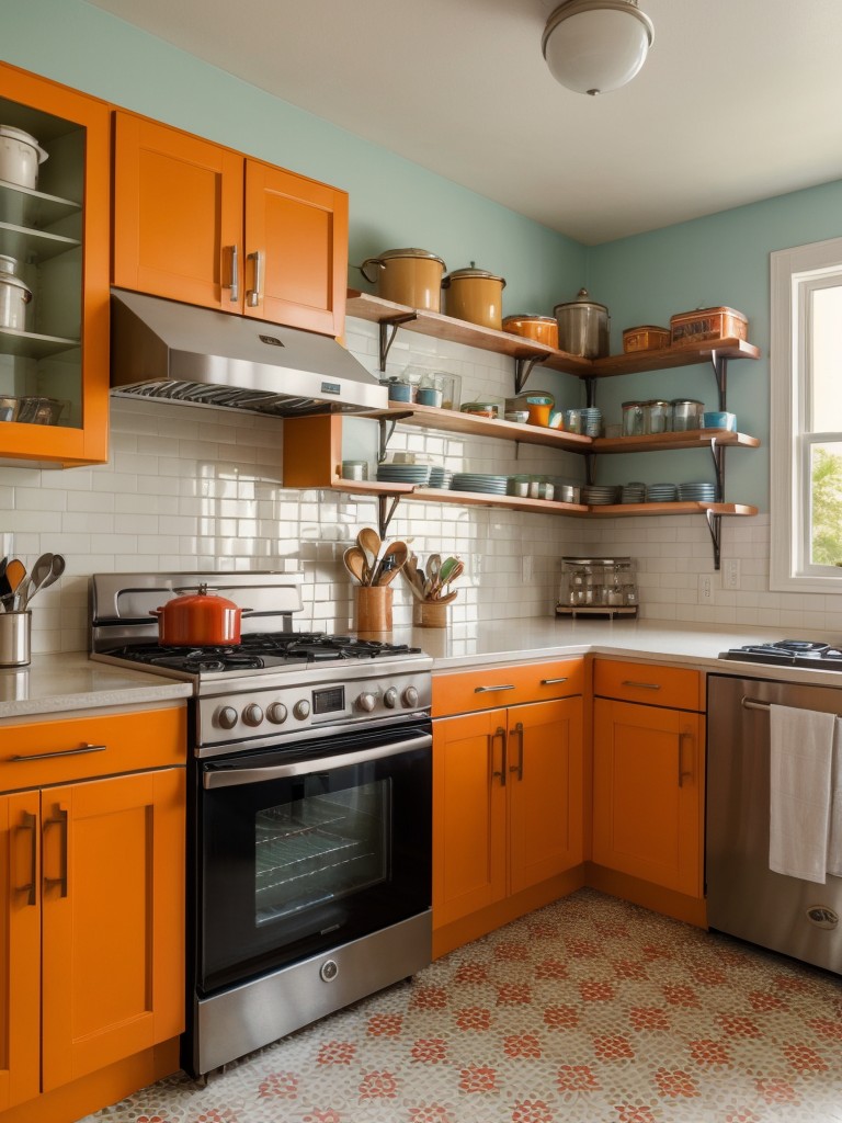 retro-kitchen-theme-vibrant-colored-appliances-patterned-flooring-open-shelving-to-create-nostalgic-playful-atmosphere