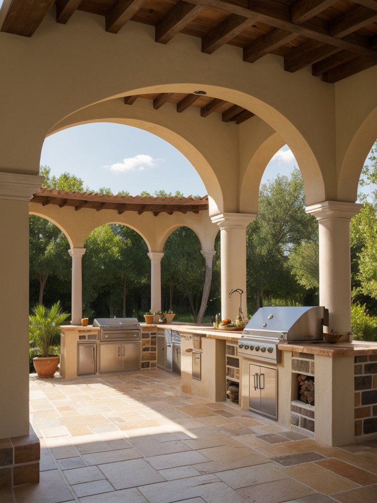 spanish-inspired-outdoor-kitchen-design-vibrant-tiles-arched-pergolas-built-fireplace-charming-mediterranean-feel