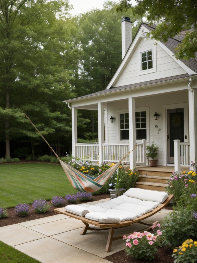 cottage-style-backyard-ideas-charming-picket-fence-colorful-flower-beds-cozy-hammock