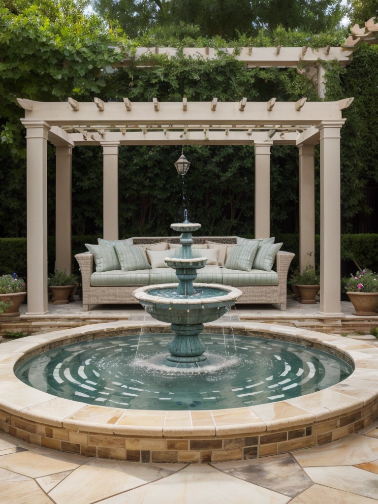 mediterranean-backyard-ideas-beautiful-water-fountain-mosaic-tile-accents-vine-covered-pergola