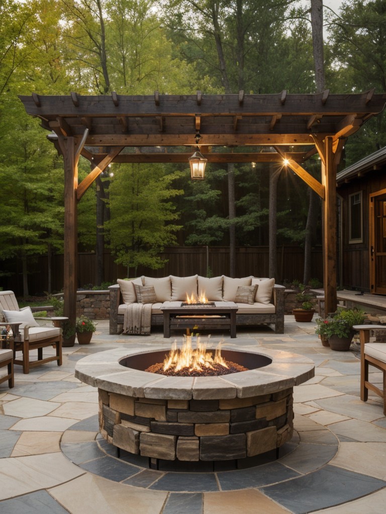 rustic-backyard-retreat-ideas-wood-burning-fire-pit-exposed-beam-pergola-natural-stone-accents