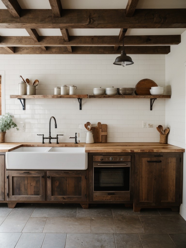 farmhouse-kitchen-ideas-exposed-brick-walls-rustic-wooden-beams-featuring-vintage-inspired-kitchen-accessories-farmhouse-sink