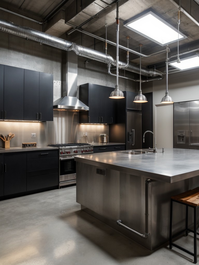 industrial-kitchen-ideas-metal-countertops-stainless-steel-appliances-featuring-exposed-pipes-concrete-flooring-raw-edgy-look