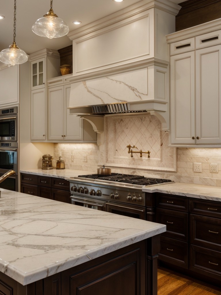 traditional-kitchen-ideas-elegant-marble-countertops-ornate-cabinetry-incorporating-classic-pendant-lighting-vintage-inspired-range-hood