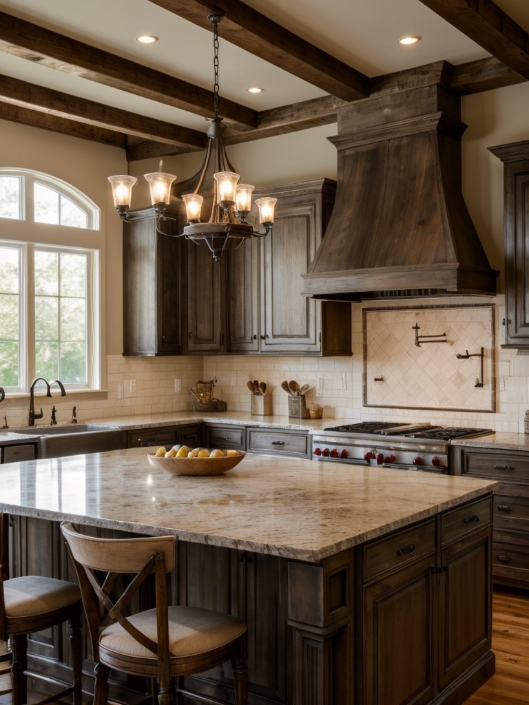 french-country-kitchen-ideas-elegant-chandeliers-worn-rustic-finishes