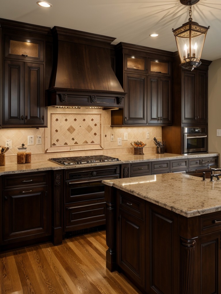 traditional-kitchen-ideas-dark-wood-cabinets-ornate-details-such-crown-molding-pendant-lighting