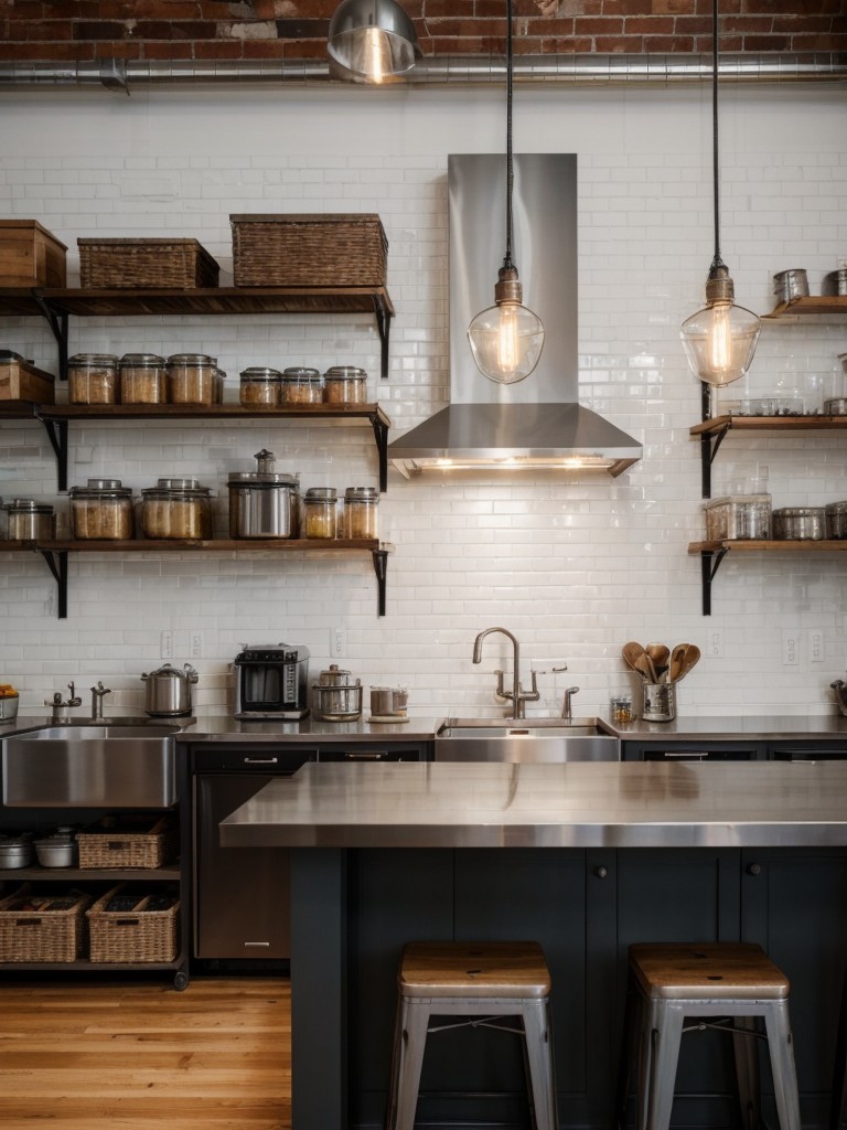 industrial-kitchen-ideas-exposed-brick-walls-metal-accents-open-shelving-showcasing-stainless-steel-appliances-pendant-lights