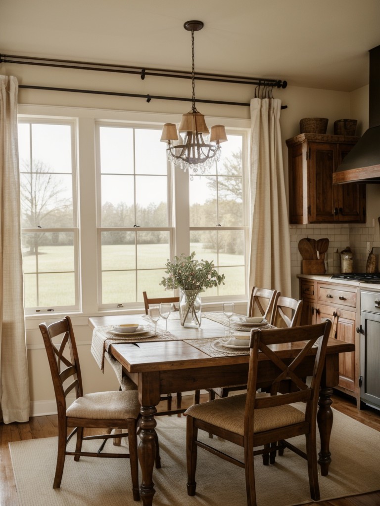 country-kitchen-ideas-cozy-inviting-atmosphere-featuring-warm-colors-decorative-curtains-farmhouse-table-mismatched-chairs