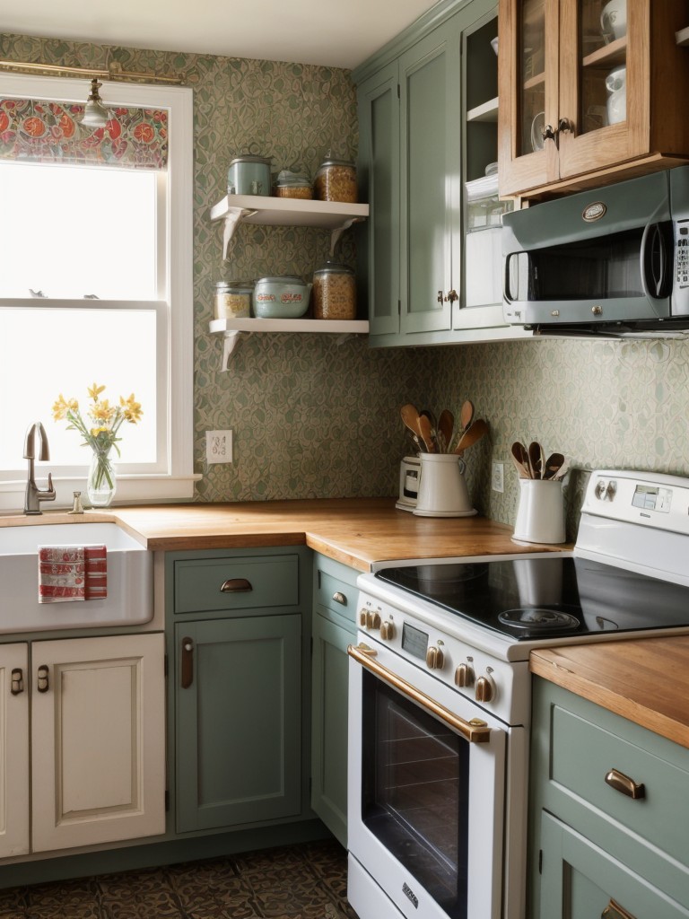 vintage-kitchen-ideas-retro-appliances-colorful-patterned-wallpaper