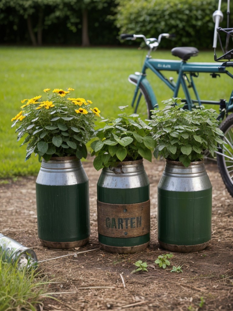 create-diy-recycled-garden-art-project-using-old-bottles-cans-bicycle-tires