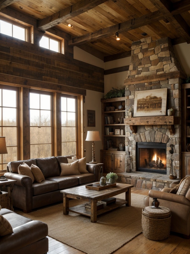 rustic-living-room-ideas-cozy-fireplace-distressed-furniture-earthy-color-palette