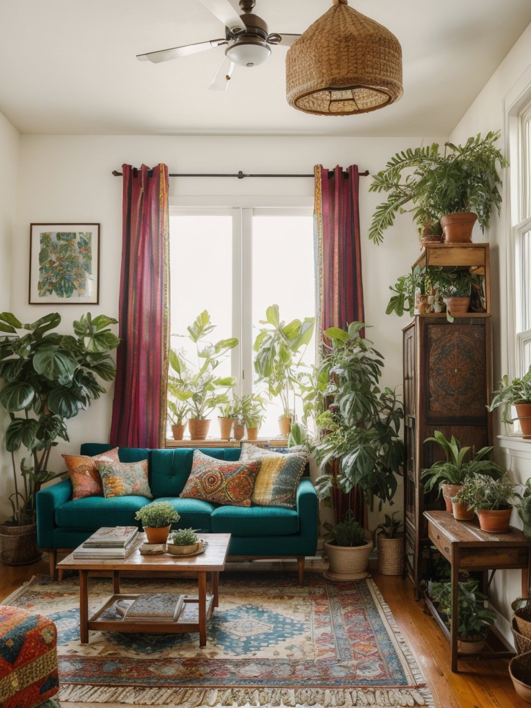 bohemian-living-room-ideas-eclectic-patterns-vibrant-colors-mix-vintage-handmade-furniture-decor-showcasing-plants-natural-elements-to-create-relaxed-