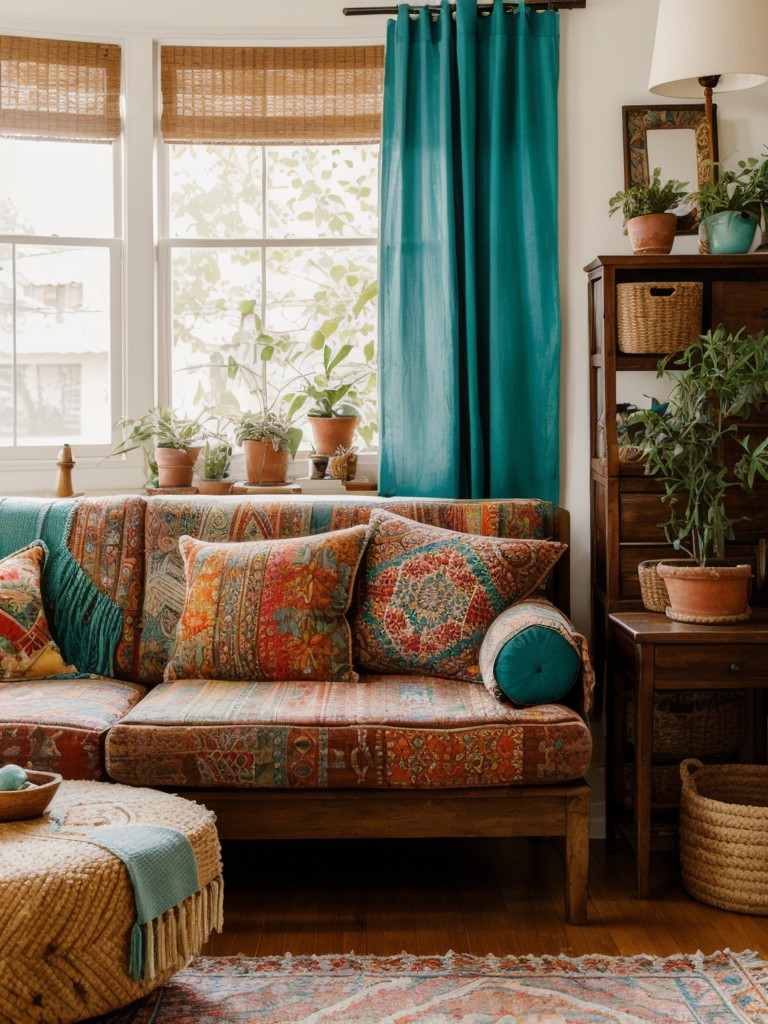 boho-chic-living-room-ideas-vibrant-colors-eclectic-patterns-mix-vintage-handmade-furniture-pieces-resulting-relaxed-free-spirited-ambiance