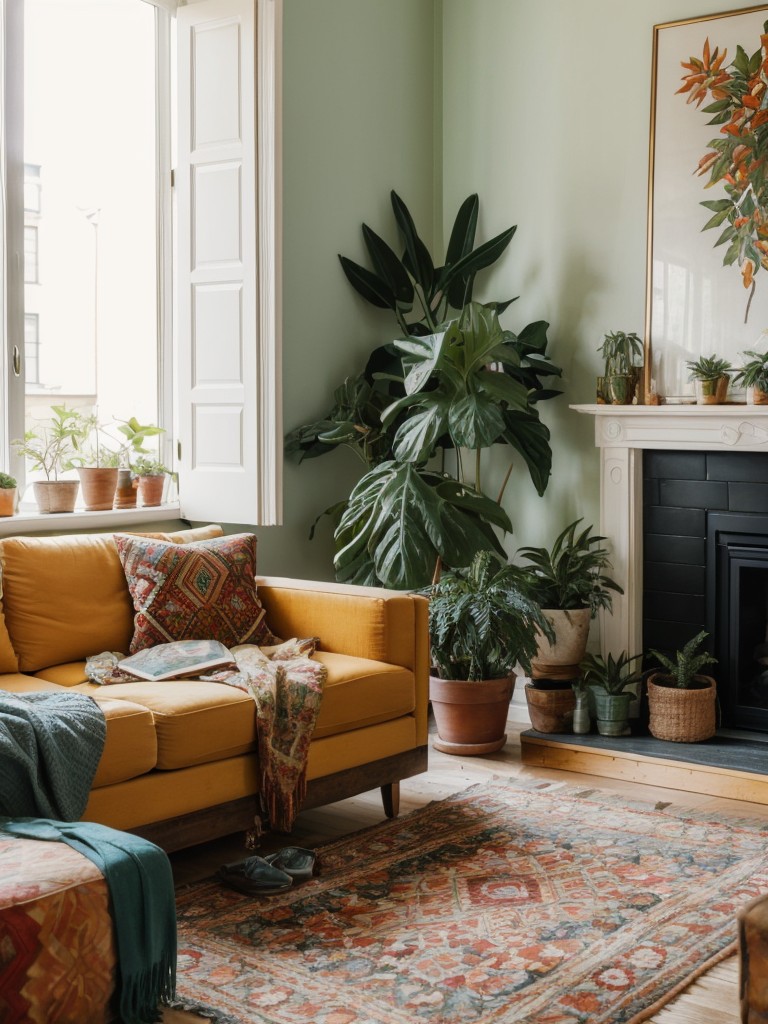 bohemian-living-room-ideas-eclectic-furniture-vibrant-colors-plenty-plants-relaxed-artistic-vibe