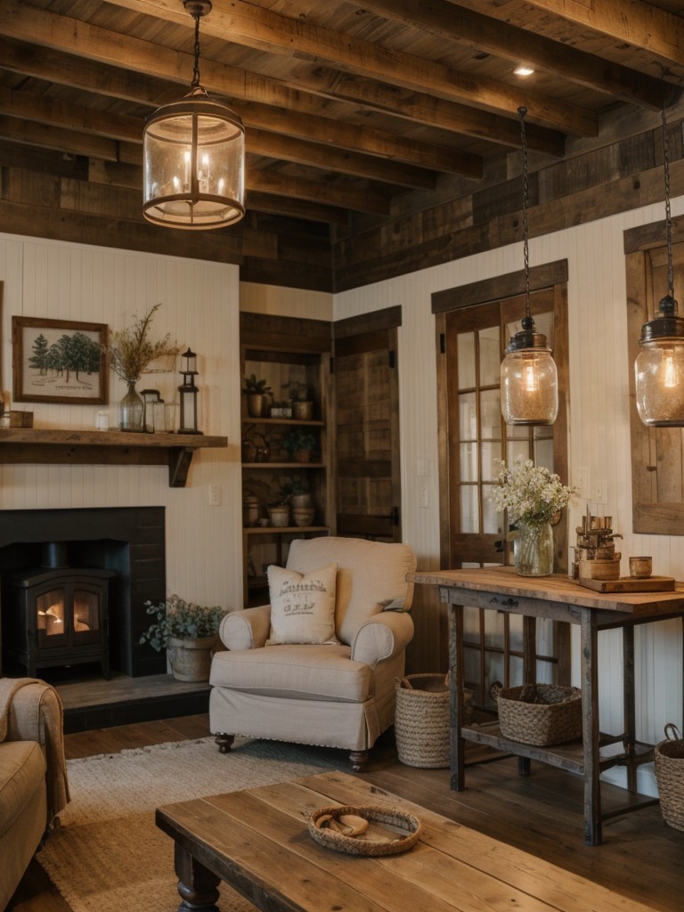 farmhouse-living-room-ideas-rustic-charm-vintage-inspired-elements-using-reclaimed-wood-furniture-mason-jar-light-fixtures-botanical-prints