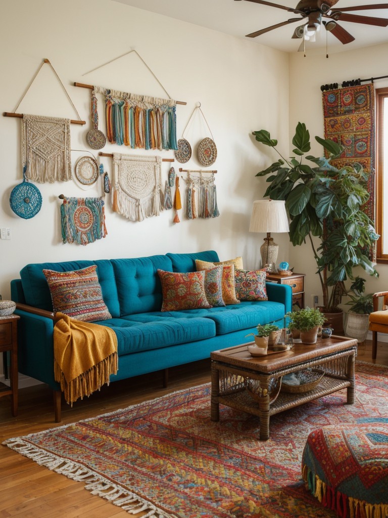 bohemian-living-room-design-ideas-eclectic-patterns-vibrant-colors-array-unique-decorative-accessories-like-macrame-wall-hangings-woven-tapestries