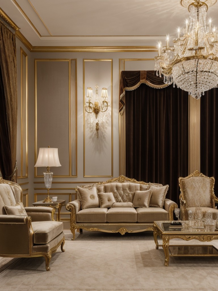 luxurious-living-room-ideas-velvet-upholstery-metallic-accents-crystal-chandeliers-elegant-glamorous-vibe