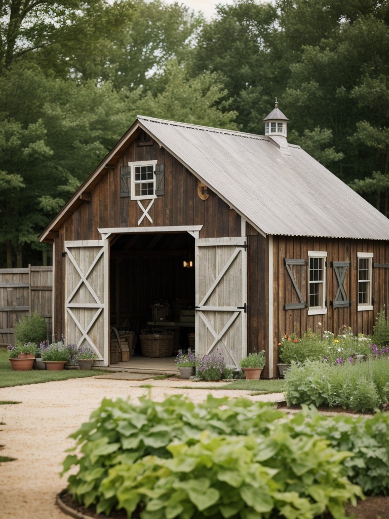 farmhouse-style-backyard-ideas-charming-barn-inspired-shed-rustic-furniture-vegetable-garden-touch-country-living