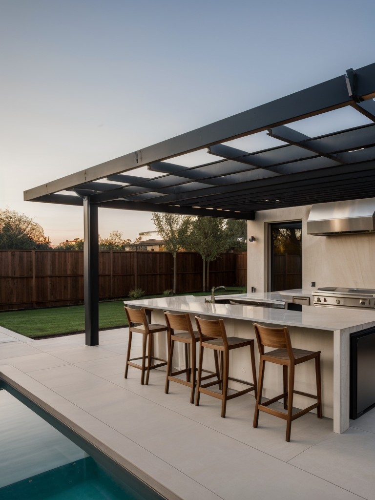 contemporary-backyard-sleek-outdoor-kitchen-pergola-entertaining-guests
