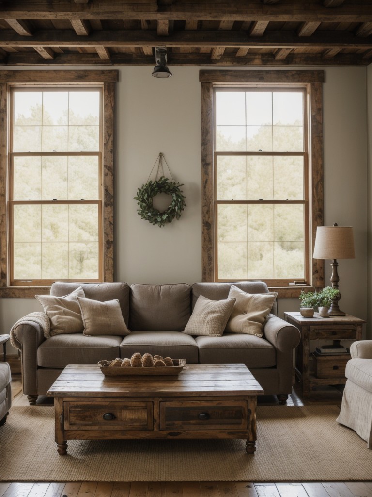 farmhouse-living-room-ideas-distressed-wood-furniture-cozy-textiles-rustic-accents