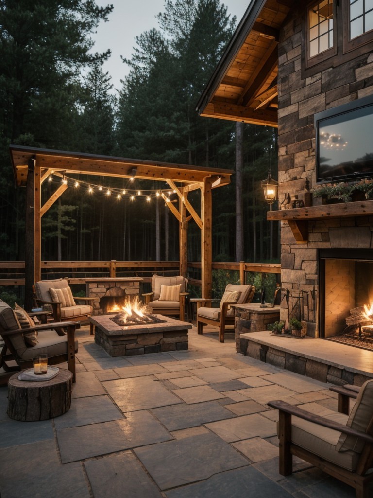rustic-backyard-ideas-cozy-cabin-like-feel-featuring-wooden-furniture-stone-fireplace-string-lights-warm-inviting-atmosphere