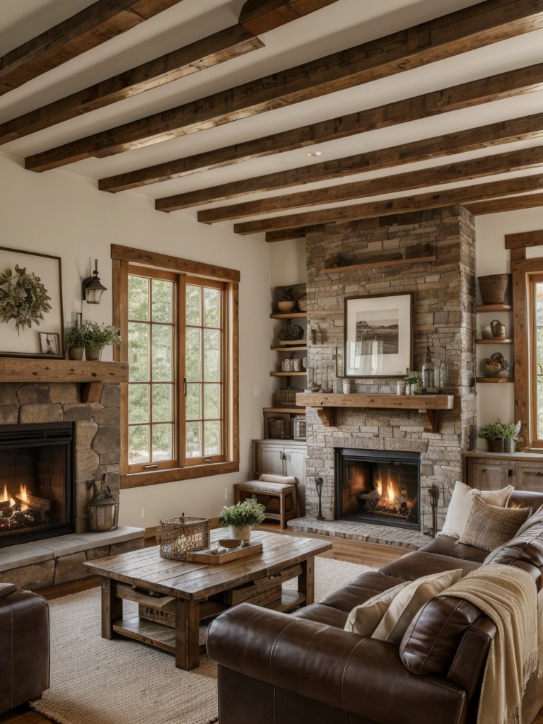 farmhouse-living-room-ideas-rustic-elements-such-exposed-wooden-beams-cozy-fireplace-vintage-inspired-furniture